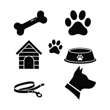 Dog accessories black glyph icons set on white background vector illustration
