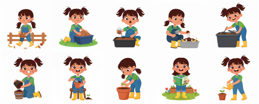 Set of illustrations of a little girl showing the steps of organic composting and gardening process from food waste to planting