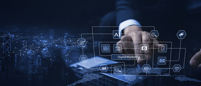 Digital marketing business analytics technology concept. Website adertisement social media network diagram, SEO and mobile application with ai fintech for strategy.