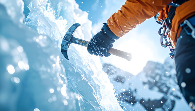 Ice climber hand swinging an ice axe into a frozen waterfall with translucent shards flying against rugged blue crystalline ice textures generative AI