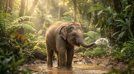 Naklejka premium Gentle Moment with Asian Baby Elephant in Golden Forest Light