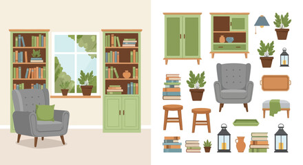 A cozy living room interior with bookshelves comfortable chairs and decorative plants is illustrated © grvect02