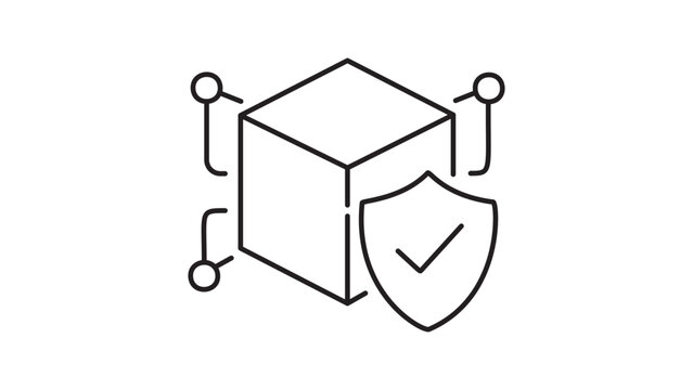 Security Token and Blockchain Protection Minimalist Black Line Vector Icon with Shield and Checkmark on White Background, Editable Stroke Illustration for Fintech, Data Privacy and Cyber Security