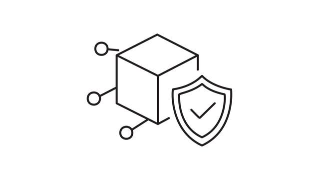 Blockchain Security Token Vector Icon with Editable Stroke. Minimalist Black Line Illustration of a 3D Cube with Network Nodes and a Protective Shield with Checkmark for Data Privacy and Safety.