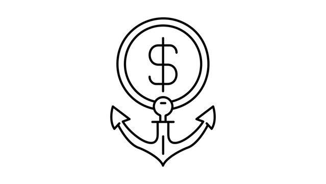 Stablecoin USD Minimalist Black Line Vector Icon on White Background Representing a Coin with a Dollar Sign and Anchor for Financial Stability and Security, Editable Stroke Design Illustration.