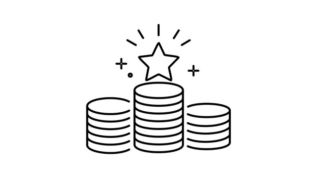 Staking Rewards and Financial Achievement Concept: A Minimalist Black Line Vector Icon on White Background Representing Stacked Coins with a Shining Star and Editable Stroke for Easy Customization