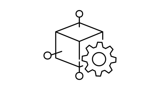 Utility Token Blockchain Technology Vector Icon. Minimalist Black Line Illustration of a 3D Cube with Nodes and Gear on White Background. Editable Stroke for Custom Line Weight and Design.