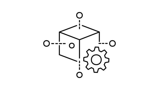 Utility Token Blockchain Network Minimalist Black Line Vector Icon with Editable Stroke. Features a 3D Cube with Nodes and a Gear Symbol Representing Technology, Data, and System Operations.