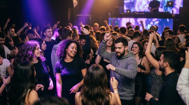 Group of young adults dancing joyfully in nightclub with lights  