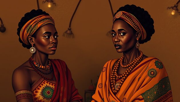 Two individuals in vibrant traditional attire with patterned garments jewelry and headwraps against warm brown background celebrating World Cultural Diversity Day heritage and unity