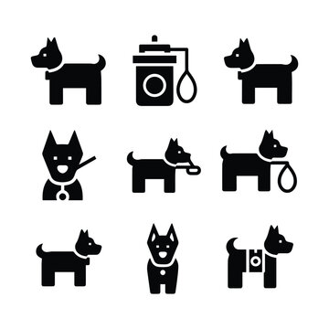 Dog icons with accessories and action items for pet care and walking