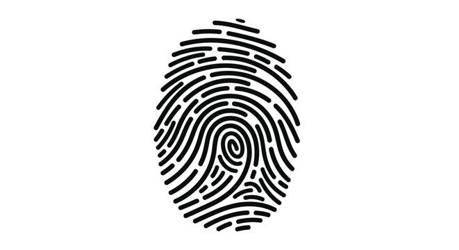 A stylized black fingerprint illustration with concentric lines and a swirling center pattern is shown