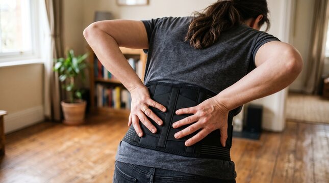 Woman wearing lumbar support belt at home suffering from lower back pain