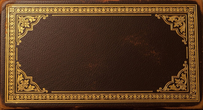 Antique leather book cover with ornate gold embossed border and corner accents, showcasing detailed craftsmanship for historical texts or decorative binding.