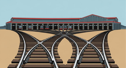 Train station with multiple railway tracks and a large building. © Barr