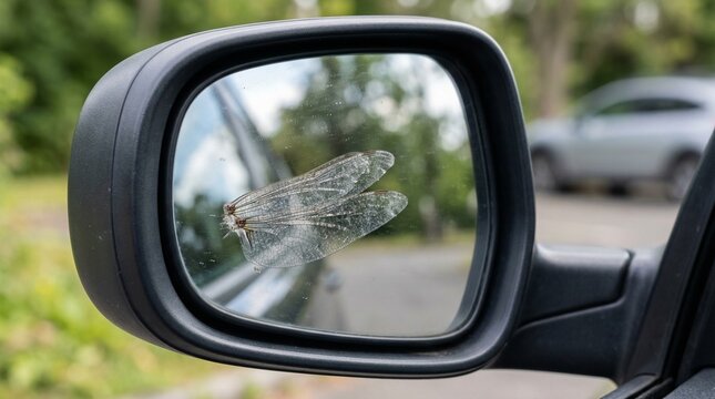 Insect wing on car side mirror reflecting nature scenery  