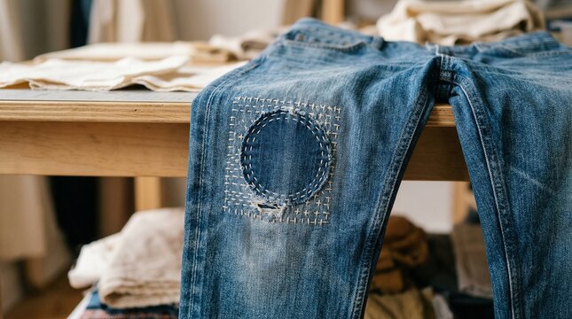 Denim jeans with visible patch on a wooden surface in a tailored shop  