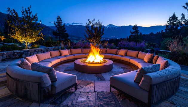 Modern sofas arranged around a circular gas fire pit on a stone terrace under a deep blue twilight sky with flames generative AI
