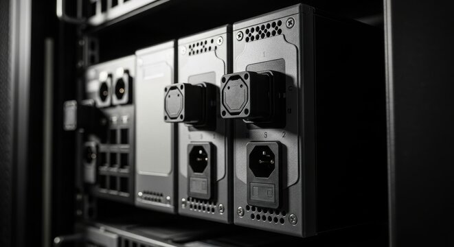 Rack-mounted battery backup units providing essential power support for critical server infrastructure in a data center environment