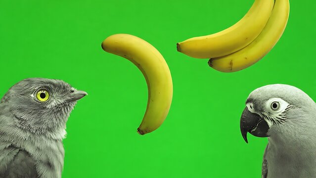 A curious small bird and a watchful grey parrot fixate on vibrant yellow bananas suspended in a vivid green screen studio, creating a whimsical and surreal conceptual composition
