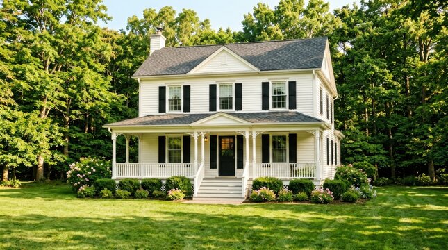 White Colonial-Style House with Wraparound Porch in Lush Green Yard
