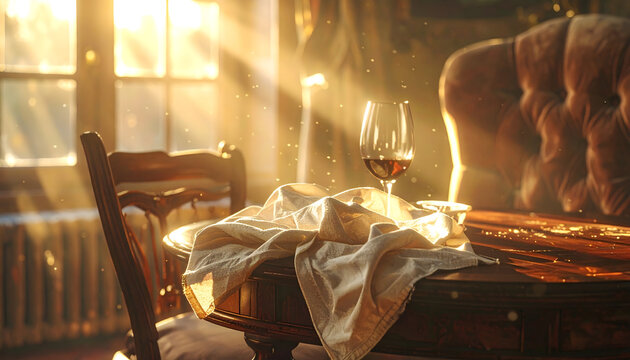 Velvet chair at a polished mahogany table with a crumpled linen napkin and a half empty wine glass in evening light generative AI