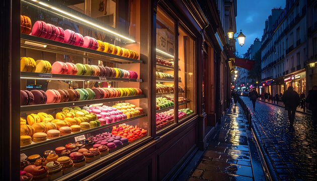 Bakery window in Paris at night with colorful macarons eclairs and tarts reflecting soft yellow light onto dark cobblestone streets generative AI