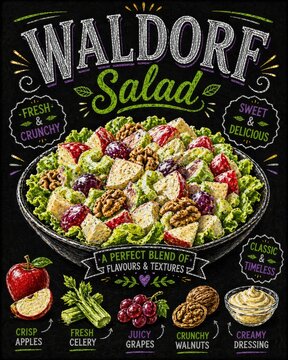  Ensalada waldorf con manzana, nueces y apio con ingredientes detallados.
