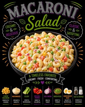 Ensalada de macarrones con verduras y aderezo cremoso con ingredientes detallados.
