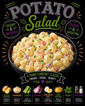 Ensalada de patata cremosa con verduras y aderezo con ingredientes detallados.
