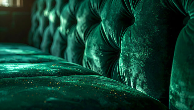 Emerald green velvet upholstery in a restaurant booth showing fabric nap and tiny crumbs under soft luxury lighting in macro generative AI