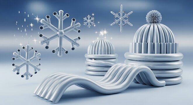 Winter wonderland scene with snow-covered trees on tiered white podiums
