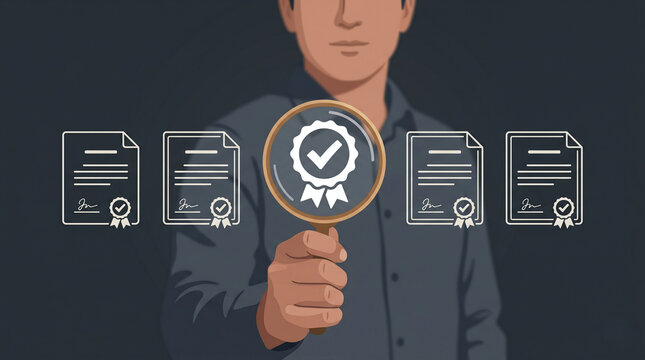 Businessman holding magnifying glass over certification badge surrounded by floating certificate documents, flat illustration style, quality assurance concept
