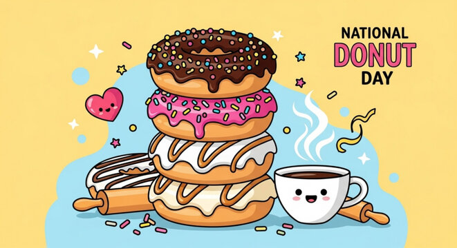 Colorful stack of donuts with chocolate and pink frosting heart coffee cup and sprinkles celebrating national donut day
