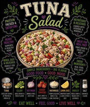  Ensalada de at&uacute;n con verduras frescas y granos, presentada con ingredientes detallados.
