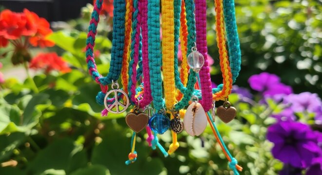Vibrant handmade friendship bracelets with assorted charms, a collection of woven accessories for a bohemian style