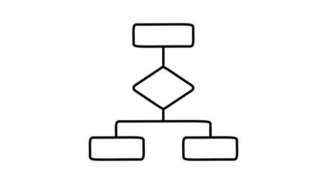 Minimalist Flowchart and Business Logic Vector Icon with Editable Stroke. Clean Black Line Outline Illustration of a Decision Tree, Process Map, and Workflow Diagram on a White Background.