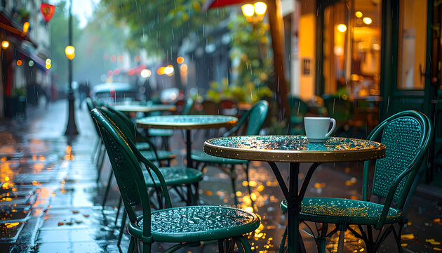 Parisian cafe terrace in a rainstorm with wet green chairs reflecting street lamps and an abandoned coffee cup during evening generative AI