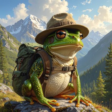 A green frog wearing a hat and backpack sits on a rocky mountain