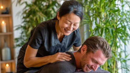 Fototapeta premium Asian woman therapist provides back massage therapy, therapist hands and face treatment in spa for relax,Massaging the body and mind,popular tourist in thailand.