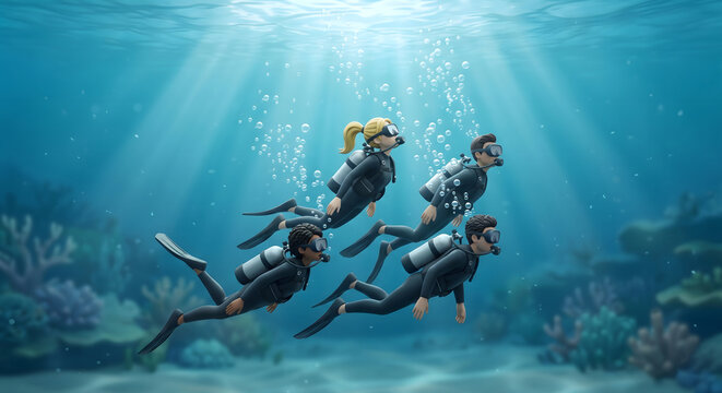 光が差し込む水面を目指して浮上するダイバーたち。ダイビングの終了と安全な浮上

