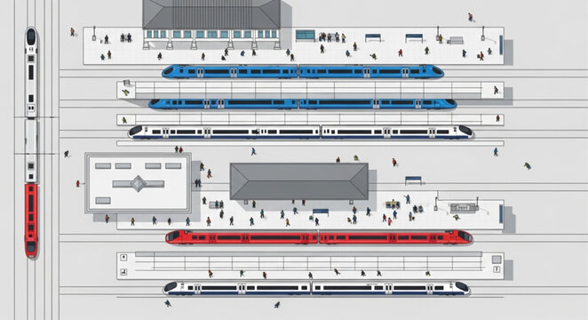 Top view of a busy train station with multiple platforms and trains.