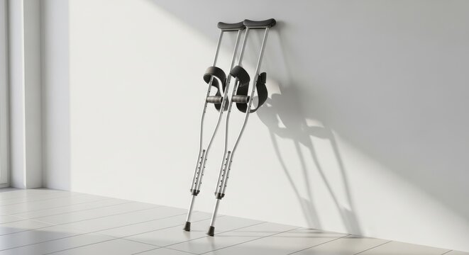 Polished aluminum crutches leaning against a brightly lit wall, casting distinct shadows
