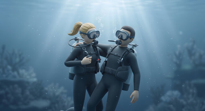 バディを助けながら浮上するレスキューダイビング。安全講習と水中救助のミニチュアコンセプト
