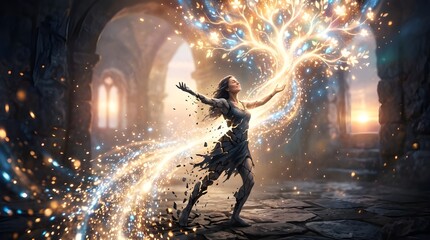 Fototapeta premium A fantasy figure channeling glowing energy representing inner strength, transformation, and empowerment.