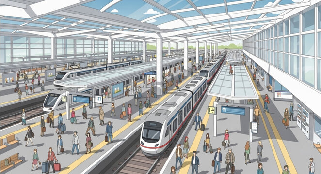 Modern train station interior with multiple platforms and trains.