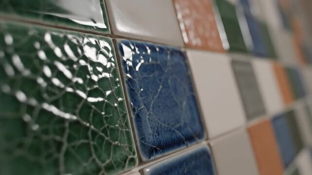 Close-up of colorful ceramic tiles with cracked glaze texture.