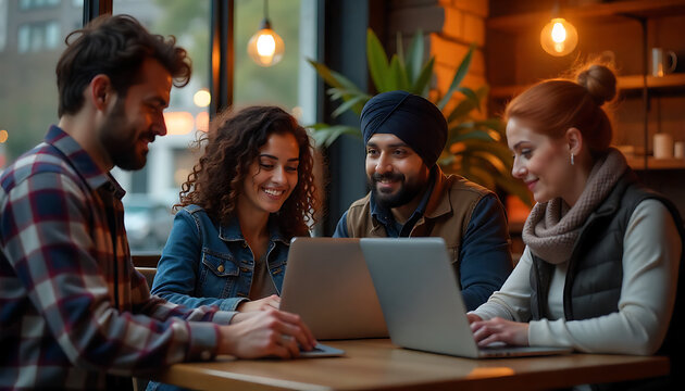 Diverse team collaborates on laptops. 4K, HD