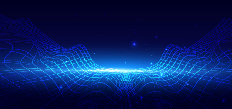 Technology futuristic grid wave lines on dark background with lighting effect.