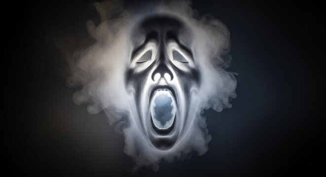 Ethereal Ghostly Face Surrounded by Smoke in Dark Atmosphere for Horror and Halloween Themes